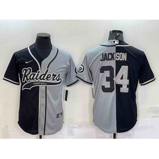 Men Las Vegas Raiders #34 Bo Jackson Black Grey Split With Patch Cool Base Stitched Baseball Jersey