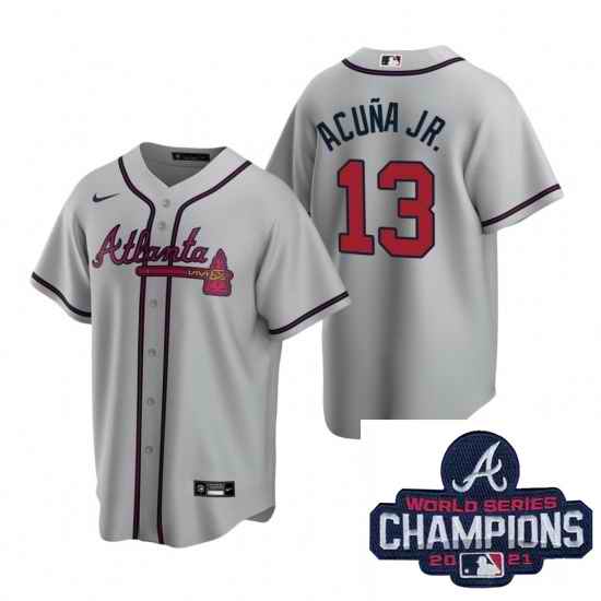 Men Nike Atlanta Braves #13 Ronald Acuna Jr Gray Road Stitched Baseball Stitched MLB 2021 Champions Patch Jersey