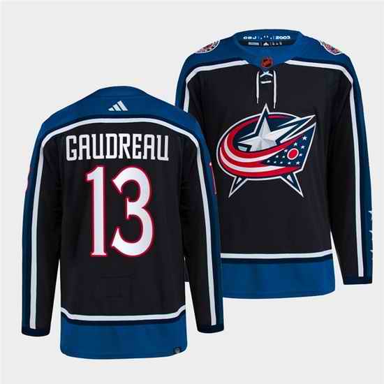 Men Columbus Blue Jackets #13 Johnny Gaudreau Navy 2022 Reverse Retro Stitched Jersey