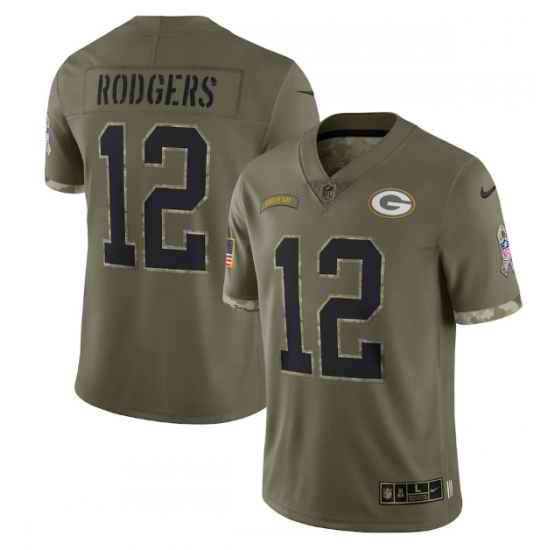 Men Green Bay Packers #12 Aaron Rodgers Olive 2022 Salute To Service Limited Stitched Jersey