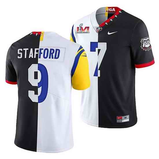 Men Los Angeles Rams X Georgia Bulldogs #9 Matthew Stafford Black White Split Super Bowl LVI Stitched Jerse