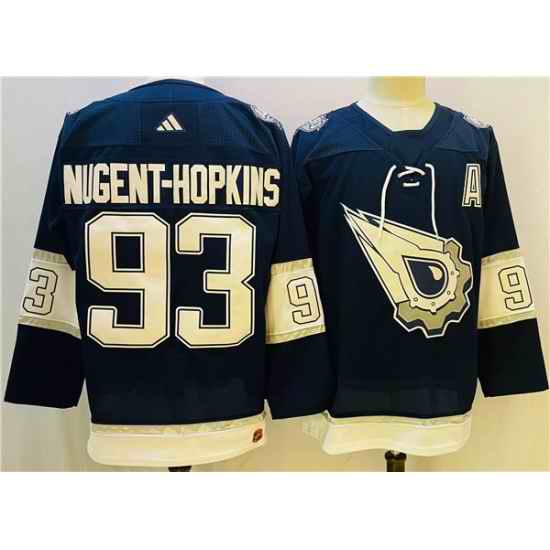 Men Edmonton Oilers #93 Ryan Nugent Hopkins Navy White Stitched Jersey