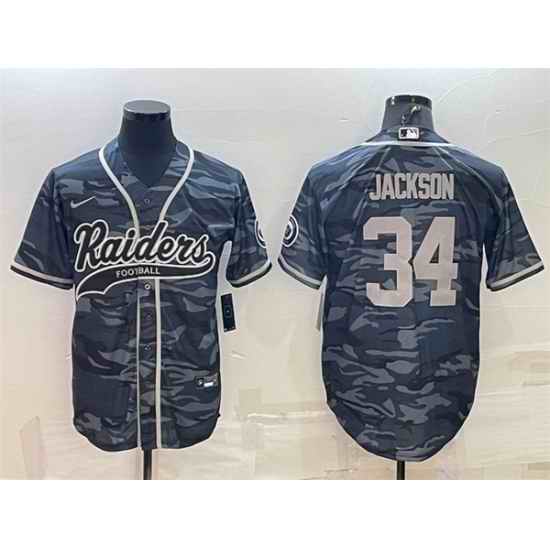 Men Las Vegas Raiders #34 Bo Jackson Grey Camo With Patch Cool Base Stitched Baseball Jersey