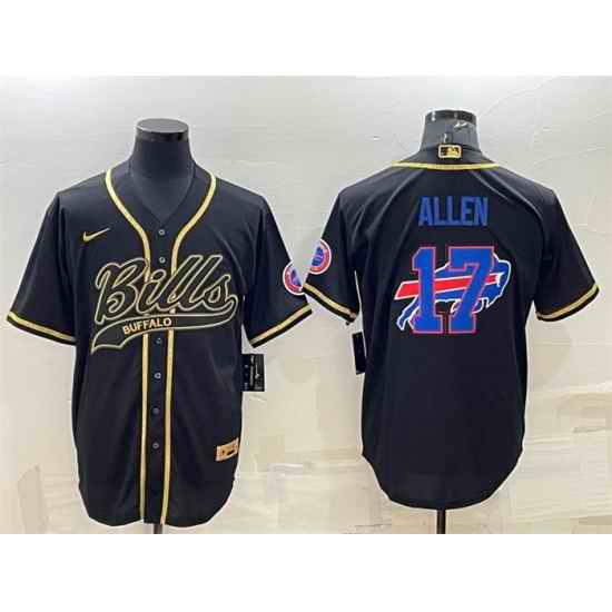 Men Buffalo Bills #17 Josh Allen Black Gold Team Big Logo With Patch Cool Base Stitched Baseball Jersey