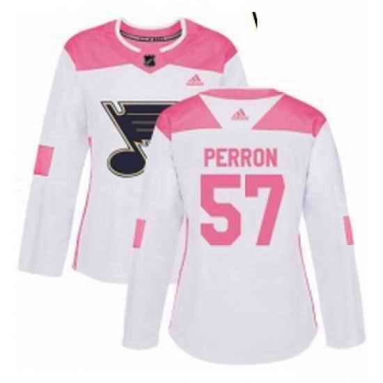 Womens Adidas St Louis Blues #57 David Perron Authentic White Pink Fashion NHL Jersey