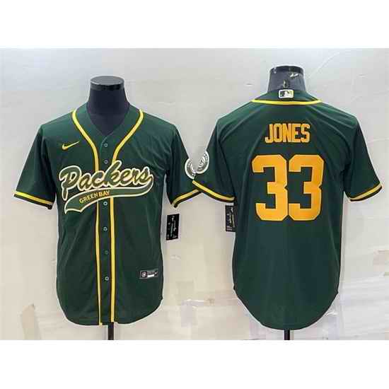 Men Green Bay Packers #33 Aaron Jones Green Gold With Patch Cool Base Stitched Baseball Jersey