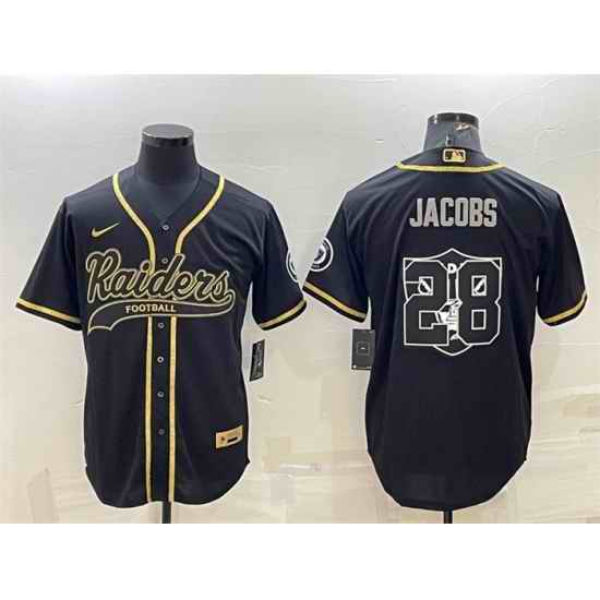 Men Las Vegas Raiders #28 Josh Jacobs Black Gold Team Big Logo With Patch Cool Base Stitched Baseball Jersey