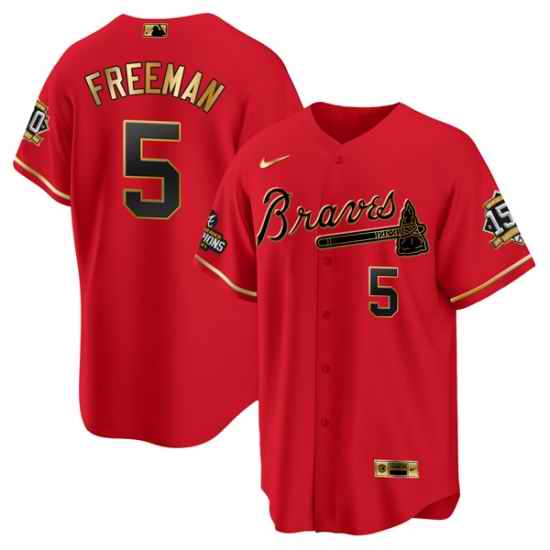 Men Atlanta Braves #5 Freddie Freeman 2021 Red Gold World Series Champions With 150th Anniversary Patch Cool Base Stitched Jersey