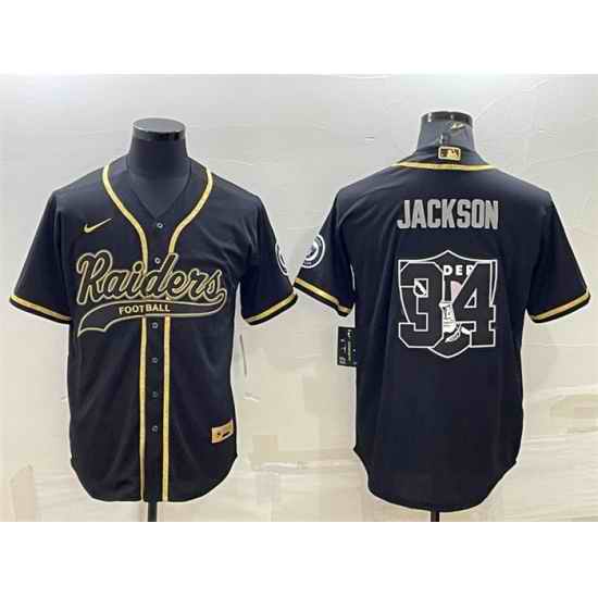 Men Las Vegas Raiders #34 Bo Jackson Black Gold Team Big Logo With Patch Cool Base Stitched Baseball Jersey