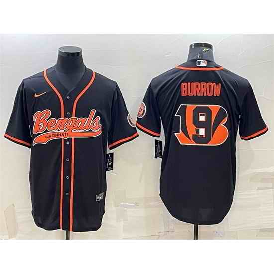 Men Cincinnati Bengals #9 Joe Burrow Black Team Big Logo With Patch Cool Base Stitched Baseball Jersey