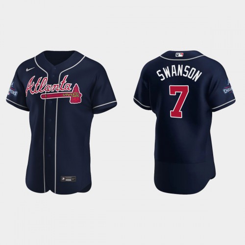 Atlanta Atlanta Braves #7 Dansby Swanson Men’s Nike 2021 World Series Champions Patch MLB Authentic Player Jersey – Navy Men’s