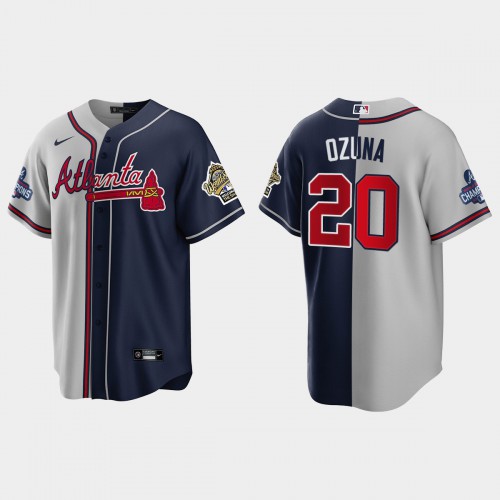 Atlanta Atlanta Braves #20 Marcell Ozuna Men’s Nike 2021 World Series Champions 1995 Throwback Split Gray Navy MLB Stitched Jersey Men’s