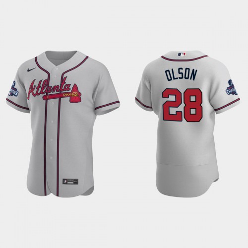 Atlanta Atlanta Braves #28 Matt Olson Men’s Nike 2021 World Series Champions Patch MLB Authentic Player Jersey – Gray Men’s