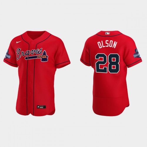 Atlanta Atlanta Braves #28 Matt Olson Men’s Nike 2021 World Series Champions Patch MLB Authentic Player Jersey – Red Men’s