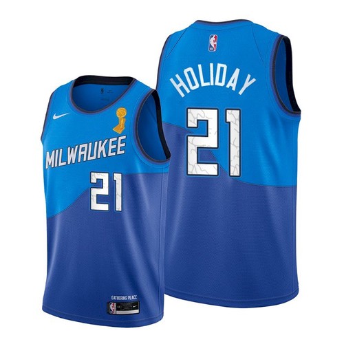 Nike Milwaukee Bucks #21 Jrue Holiday 2021 NBA Finals Champions City Edition Jersey Blue Men’s