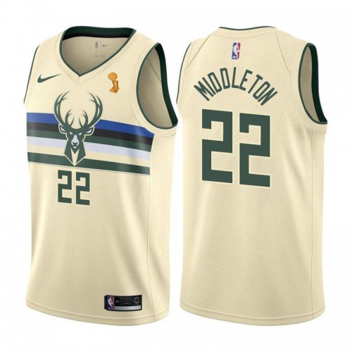 Nike Milwaukee Bucks #22 Khris Middleton 2021 NBA Finals Champions Swingman City Edition Jersey Cream Men’s