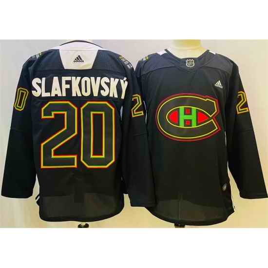 Men Montreal Canadiens #20 Juraj Slafkovsky 2022 Black Warm Up History Night Stitched Jersey