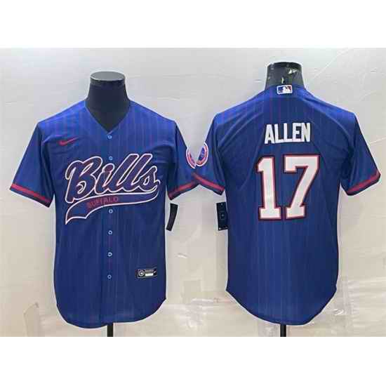 Men Buffalo Bills #17 Josh Allen Royal With Patch Cool Base Stitched Baseball Jersey