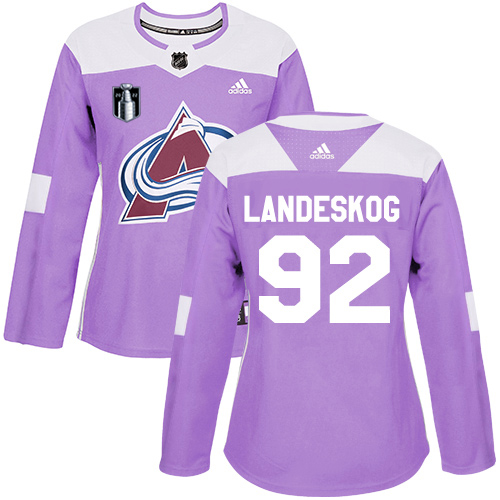 Adidas Colorado Avalanche #92 Gabriel Landeskog Purple Women’s 2022 Stanley Cup Final Patch Authentic Fights Cancer Stitched NHL Jersey Womens