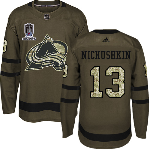 Adidas Colorado Avalanche #13 Valeri Nichushkin Green Youth 2022 Stanley Cup Champions Salute To Service Stitched NHL Jersey Youth