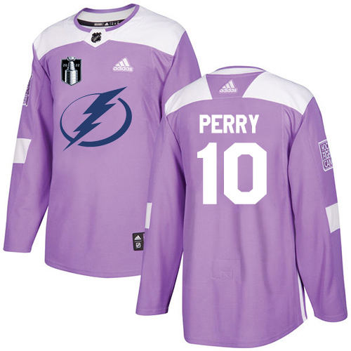 Adidas Tampa Bay Lightning #10 Corey Perry Purple Authentic 2022 Stanley Cup Final Patch Fights Cancer Stitched Youth NHL Jersey Youth