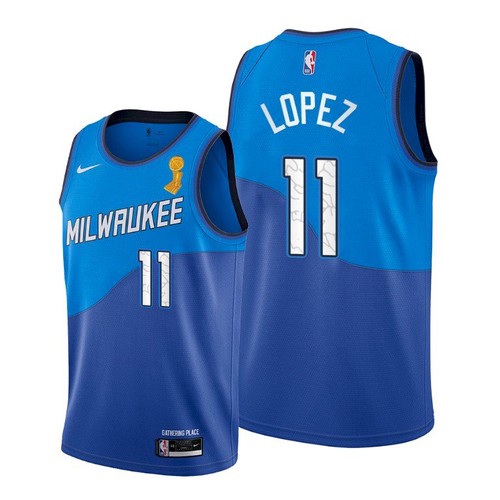 Nike Milwaukee Bucks #11 Brook Lopez Women’s 2021 NBA Finals Champions City Edition Jersey Blue Womens