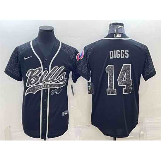 Men Buffalo Bills #14 Stefon Diggs Black Reflective With Patch Cool Base Stitched Baseball Jersey