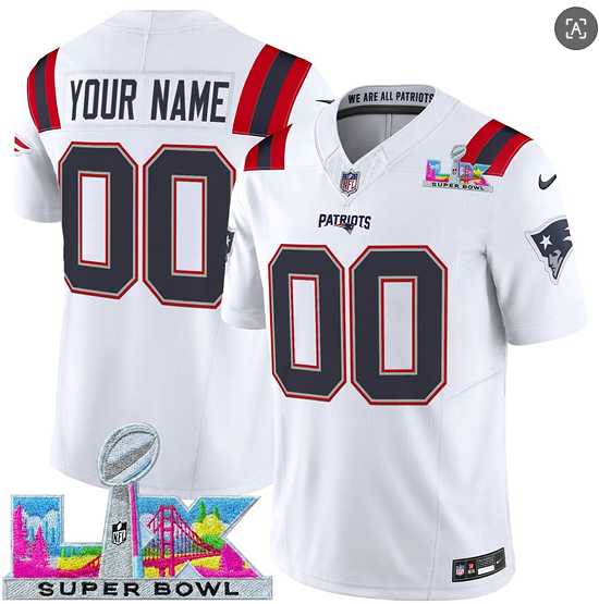 Mens New England Patriots Active Player Custom White 2025 F.U.S.E. Super Bowl LX Patch Vapor Limited Stitched Jersey