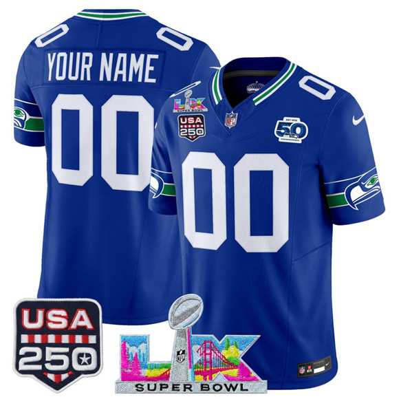 Mens Seattle Seahawks Active Player Custom Royal 2025 F.U.S.E. Super Bowl LX & US 250th anniversary Patch And 50th Season Patch Vapor Throwback Limited Stitched Jersey
