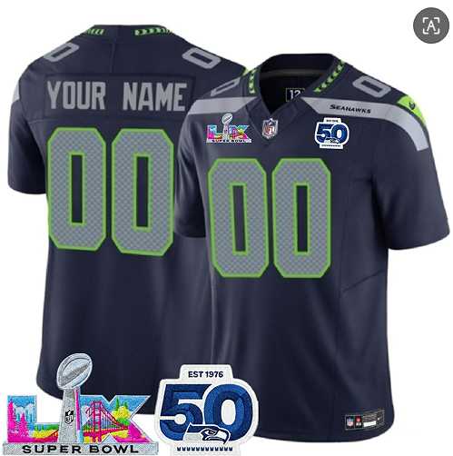 Mens Seattle Seahawks Active Player Custom Navy 2025 F.U.S.E. Super Bowl LX Patch And 50th Season Patch Vapor Limited Stitched Jersey
