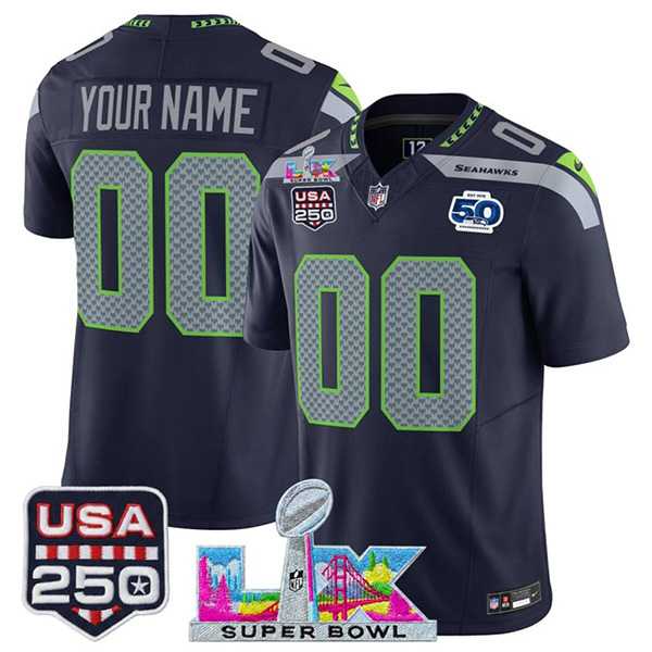 Mens Seattle Seahawks Active Player Custom Navy 2025 F.U.S.E. Super Bowl LX Patch 50th Season & USA 250 Patch Vapor Limited Stitched Jersey