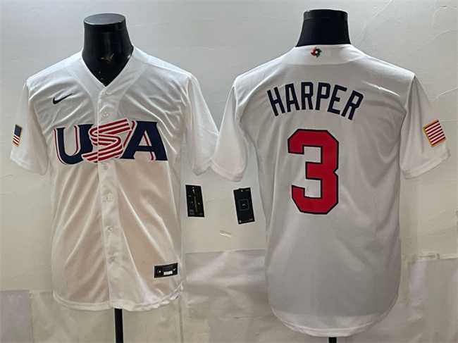 Mens USA #3 Bryce Harper White World Baseball Classic Stitched Jersey