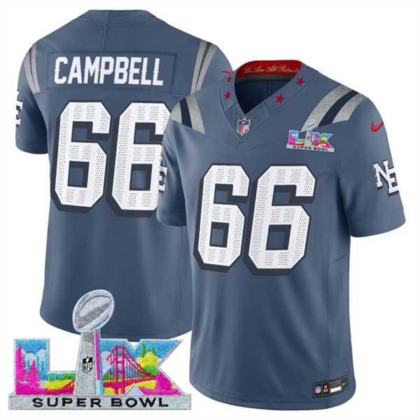 Mens New England Patriots #66 Will Campbell Storm Blue 2025 F.U.S.E. Super Bowl LX Patch Rivalries Vapor Limited Stitched Jersey