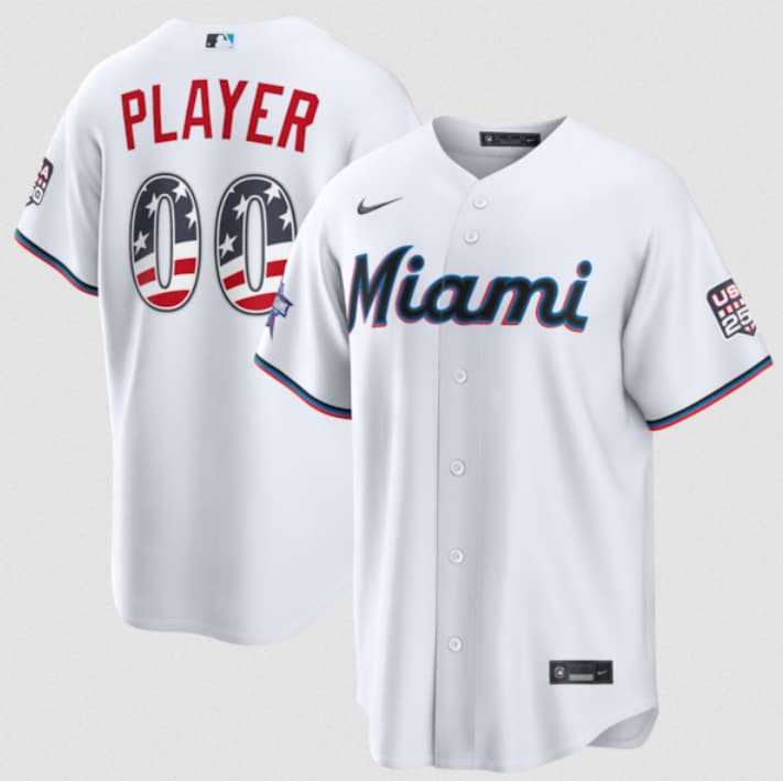 Mens Miami Marlins Active Player Custom White 2026 All-Star Edition Stars & Stripes & USA 250 Fourth of July Home Stadium Stitched Baseball Jersey
