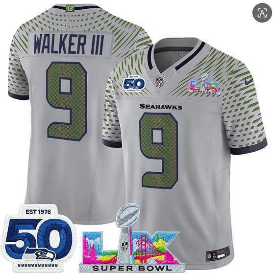 Mens Seattle Seahawks #9 Kenneth Walker III Gray 2025 F.U.S.E. Super Bowl LX Patch And 50th Season Patch Rivalries Vapor Limited Stitched Jersey