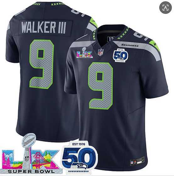 Mens Seattle Seahawks #9 Kenneth Walker III Navy 2025 F.U.S.E. Super Bowl LX Patch And 50th Season Patch Vapor Limited Stitched Jersey