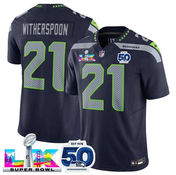 Mens Seattle Seahawks #21 Devon Witherspoon Navy 2025 F.U.S.E. Super Bowl LX Patch And 50th Season Patch Vapor Limited Stitched Jersey