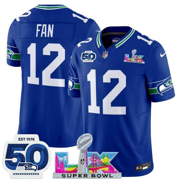 Mens Seattle Seahawks #12 Fan Royal 2025 F.U.S.E. Super Bowl LX Patch And 50th Season Patch Vapor Throwback Limited Stitched Jersey