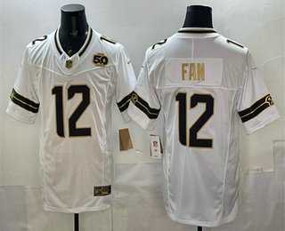 Mens Seattle Seahawks #12 Fan White Gold 2025 FUSE 50th Season Patch Limited Stitched Jersey