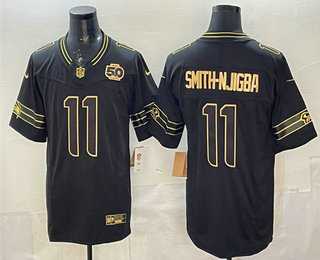 Mens Seattle Seahawks #11 Jaxon Smith-Njigba Black Gold 2025 FUSE 50th Season Patch Limited Stitched Jersey