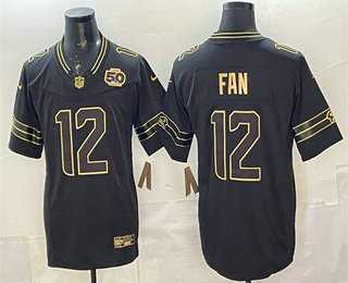 Mens Seattle Seahawks #12 Fan Black Gold 2025 FUSE 50th Season Patch Limited Stitched Jersey
