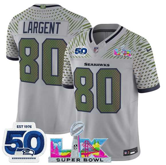 Mens Seattle Seahawks #80 Steve Largent Gray 2025 F.U.S.E. Super Bowl LX Patch And 50th Season Patch Rivalries Vapor Limited Stitched Jersey