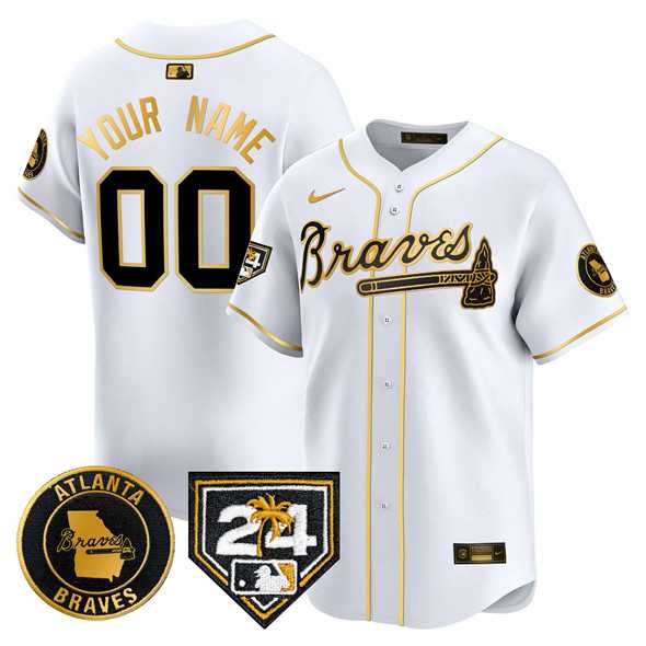 Mens Atlanta Braves Customized White Gold 2024 Spring Training Patch Limited Stitched Baseball Jersey