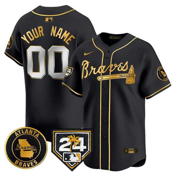 Mens Atlanta Braves Customized Black Gold 2024 Spring Training Patch Limited Stitched Baseball Jersey