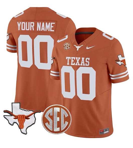 Mens Texas Longhorns Active Player Custom Orange F.U.S.E. State Map & SEC Patch Stitched Jersey