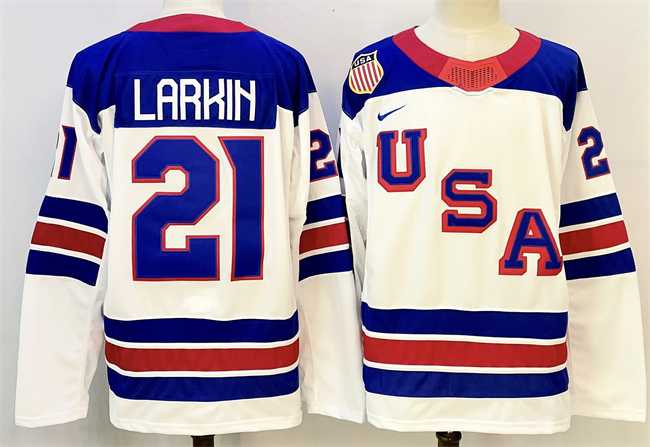 Mens USA #21 Dylan Larkin White 2025-2026 Stitched Jersey