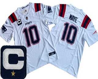 Mens New England Patriots #10 Drake Maye Limited White Captain Patch FUSE Vapor Stitched Jersey