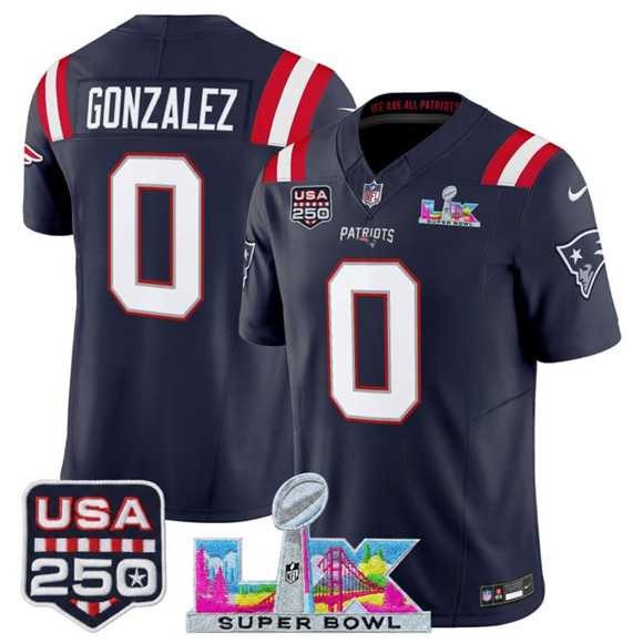 Mens New England Patriots #0 Christian Gonzalez Navy 2025 F.U.S.E. Super Bowl LX Patch And USA 250 Patch Vapor Limited Stitched Jersey