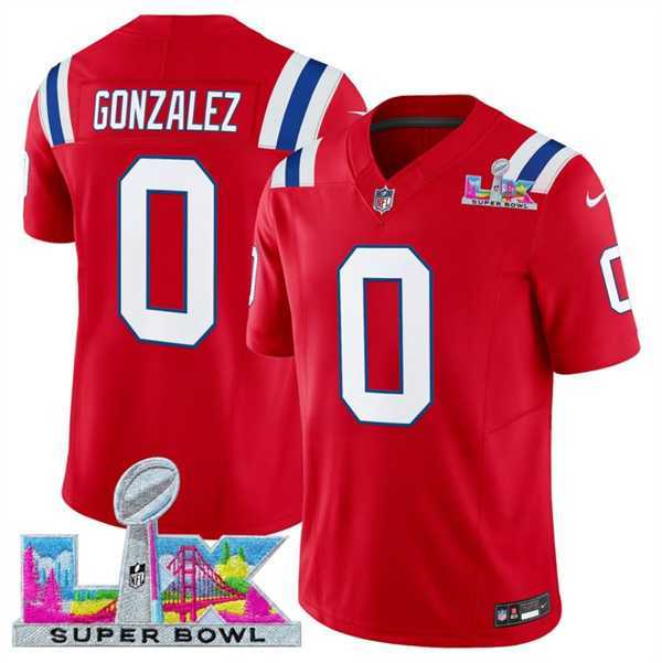 Mens New England Patriots #0 Christian Gonzalez Red 2025 F.U.S.E. Super Bowl LX Patch Vapor Limited Stitched Jersey