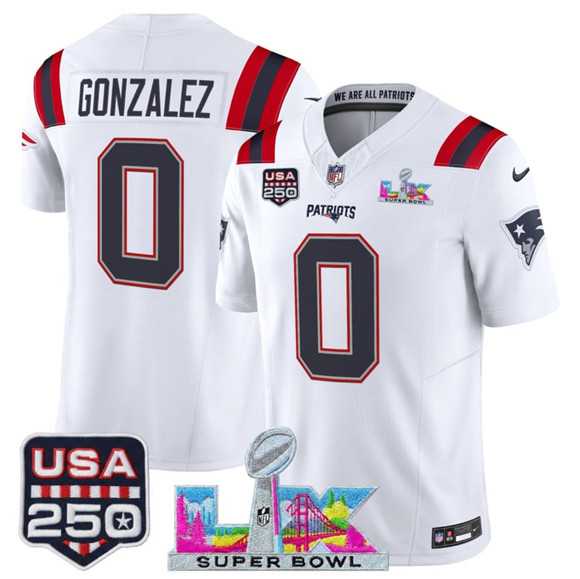 Mens New England Patriots #0 Christian Gonzalez White 2025 F.U.S.E. Super Bowl LX Patch And USA 250 Patch Vapor Limited Stitched Jersey